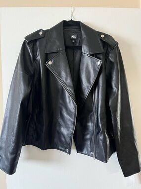 INC International Concepts Black Faux Leather Moto Jacket with Epaulets